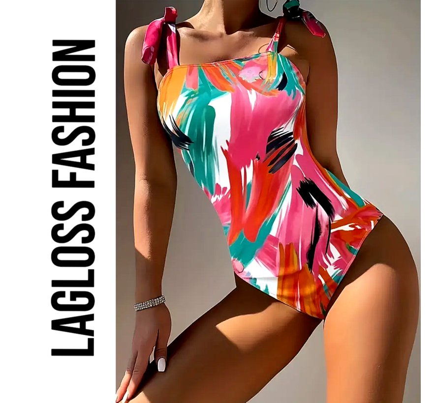 LaGloss® Badpak Graffiti Print – Eendelig Damesbadpak met Strikbandjes & Verwijderbare Vulling – Maat L