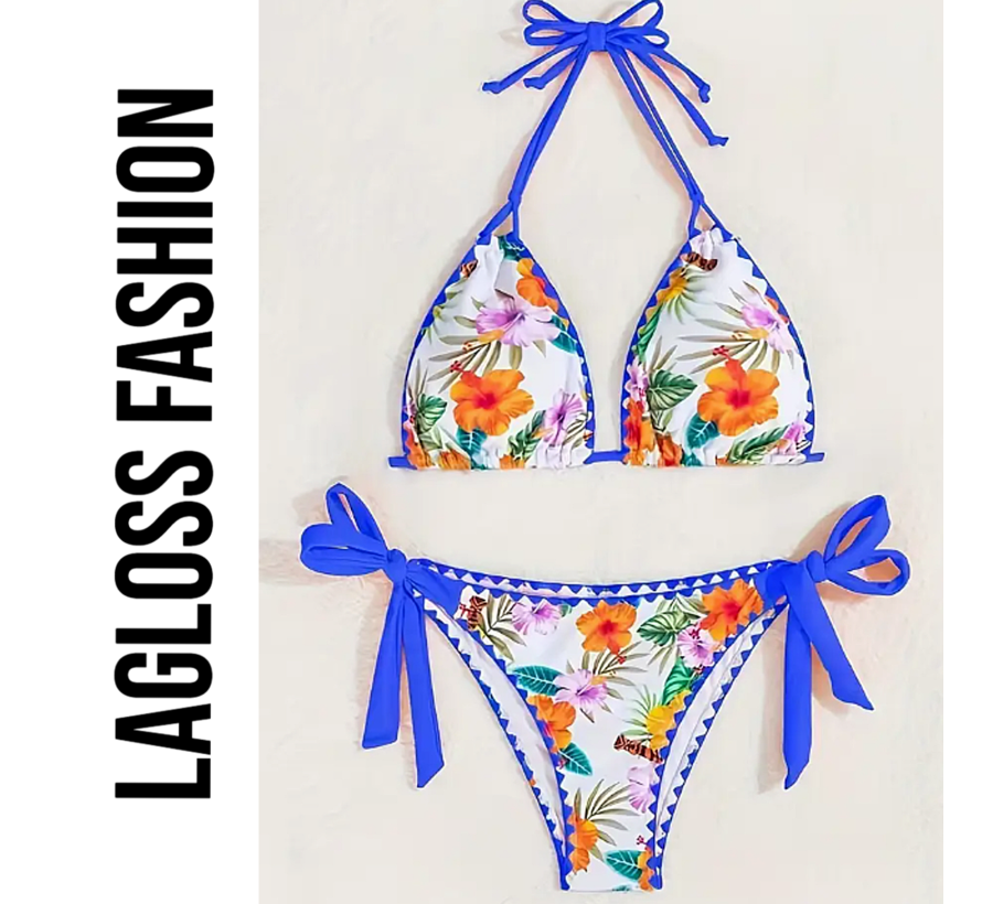 LaGloss® 2-Delige Bikini Set Wit Blauw – Bloemenprint Damesbadmode met V-Hals – Maat M