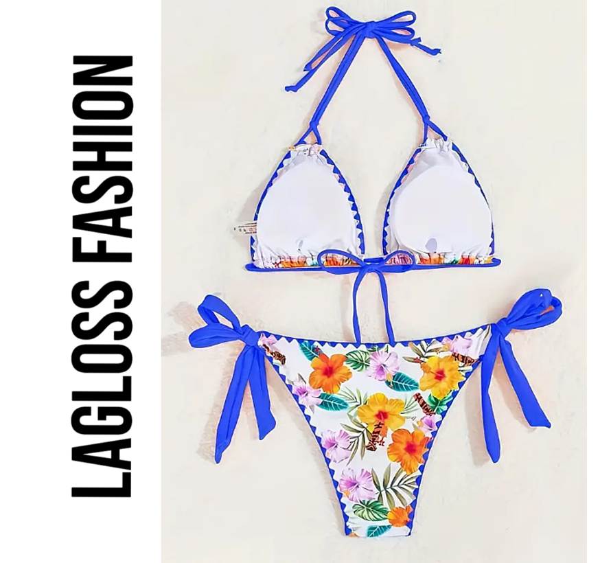 LaGloss® 2-Delige Bikini Set Wit Blauw – Bloemenprint Damesbadmode met V-Hals – Maat M