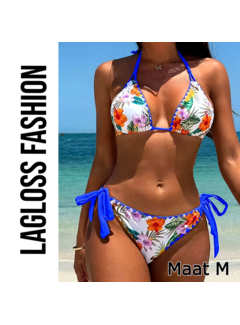 LaGloss 2-Delige Bikini Set Wit Blauw Bloemenprint – Maat M