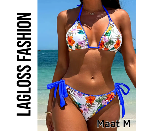 LaGloss LaGloss® 2-Delige Bikini Set Wit Blauw – Bloemenprint Damesbadmode met V-Hals – Maat M