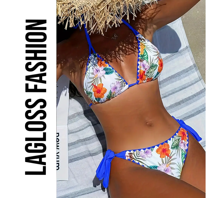 LaGloss® 2-Delige Bikini Set Wit Blauw – Bloemenprint Damesbadmode met V-Hals – Maat M