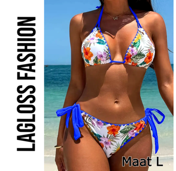 LaGloss 2-Delige Bikini Set Wit Blauw Bloemenprint – Maat L