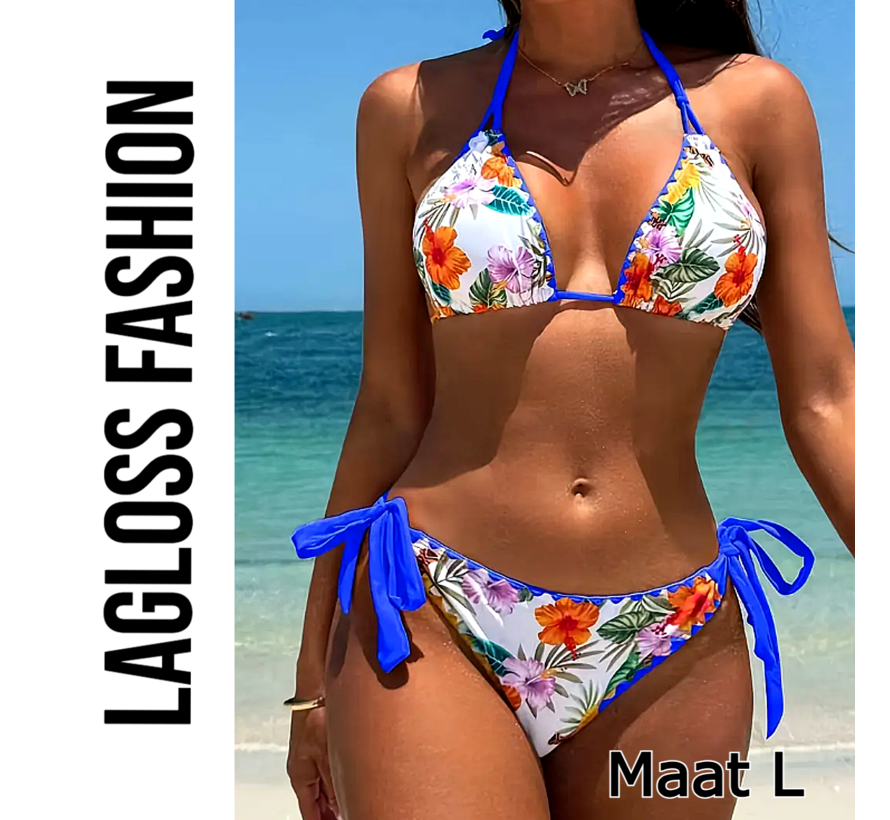 LaGloss® 2-Delige Bikini Set Wit Blauw – Bloemenprint Damesbadmode met V-Hals – Maat L
