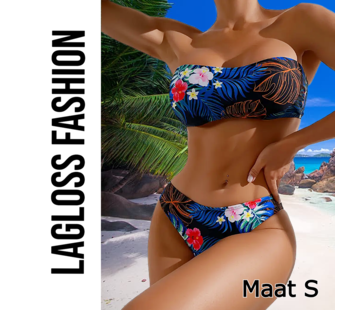 LaGloss 2-Delige Bikini Set Strapless Blauw met Bloemen – Maat S