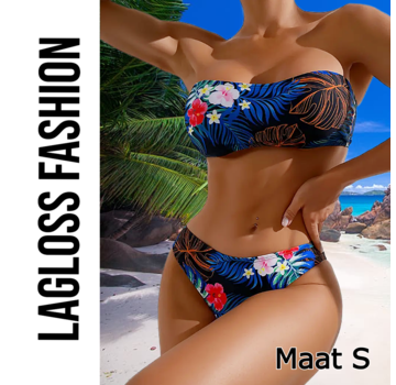 LaGloss 2-Delige Bikini Set Strapless Blauw met Bloemen – Maat S