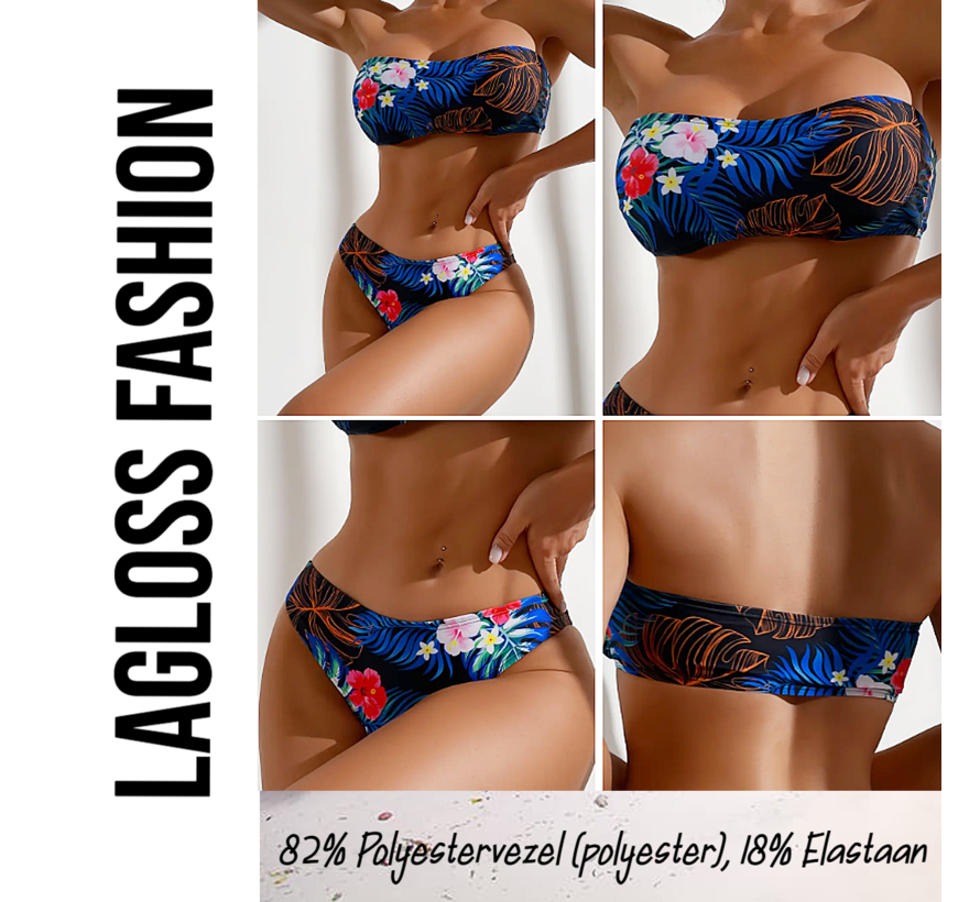 LaGloss® Bikini Set Strapless Blauw met Bloemen – 2-Delige Bandeau Damesbadmode – Maat L