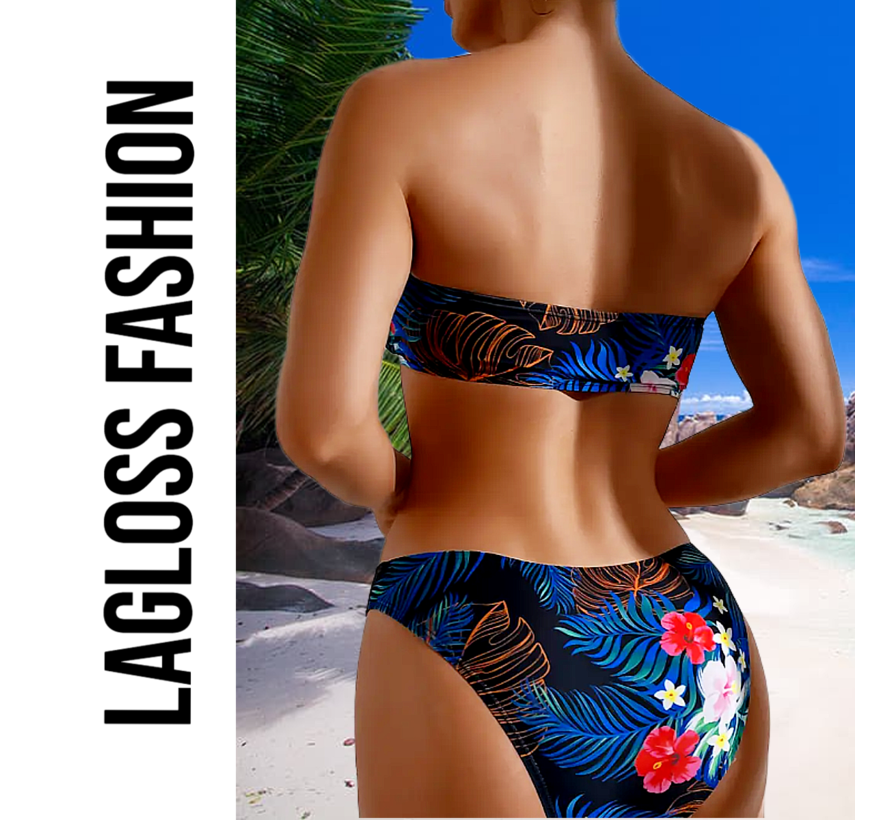 LaGloss® Bikini Set Strapless Blauw met Bloemen – 2-Delige Bandeau Damesbadmode – Maat L