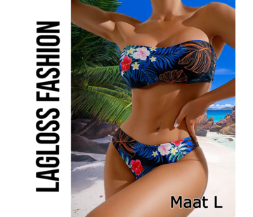 LaGloss 2-Delige Bikini Set Strapless Blauw met Bloemen – Maat L
