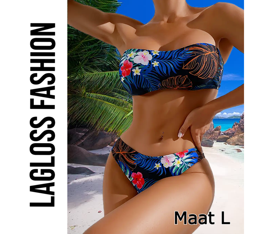 LaGloss® Bikini Set Strapless Blauw met Bloemen – 2-Delige Bandeau Damesbadmode – Maat L