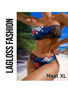 LaGloss 2-Delige Bikini Set Strapless Blauw met Bloemen – Maat XL