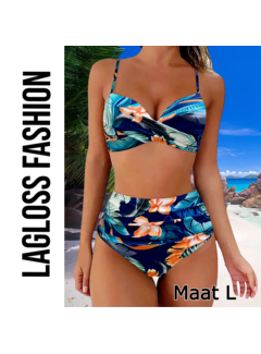 LaGloss 2-Delige Bikini Set met Bloemenpatroon en Hoge Taille - Maat L