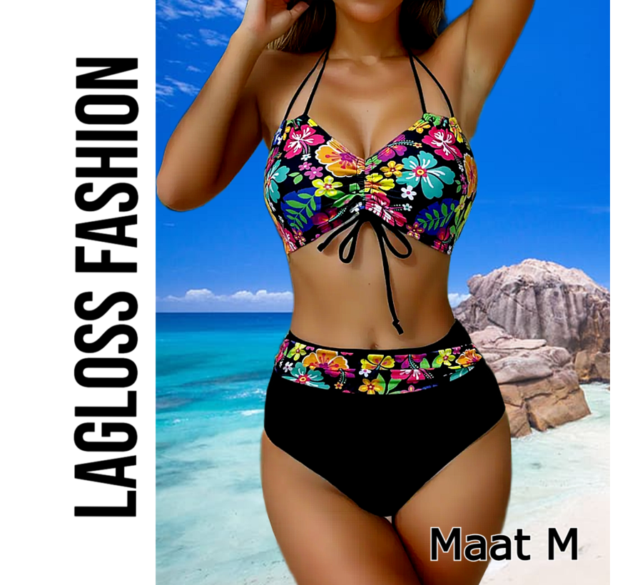 LaGloss® Bikini Set Zwart met Bloemenprint – 2-Delige Hoge Taille Damesbikini met Strik Top – Maat M