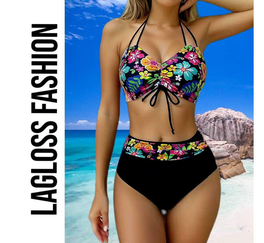 LaGloss® Bikini Set Zwart met Bloemenprint – 2-Delige Hoge Taille Damesbikini met Strik Top – Maat M