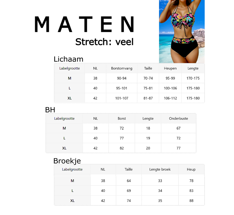 LaGloss® Bikini Set Zwart met Bloemenprint – 2-Delige Hoge Taille Damesbikini met Strik Top – Maat M