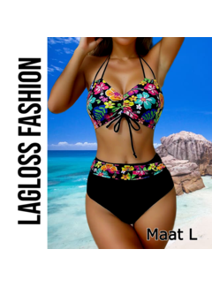 LaGloss 2-Delige Bikini Set Zwart met Bloemenprint Hoge Taille – Maat L