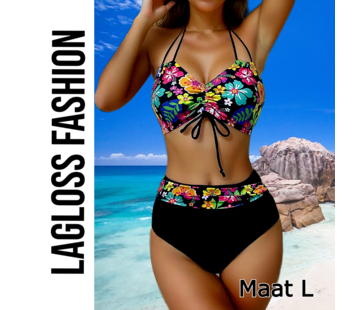 LaGloss 2-Delige Bikini Set Zwart met Bloemenprint Hoge Taille – Maat L