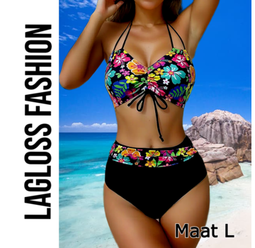 LaGloss 2-Delige Bikini Set Zwart met Bloemenprint Hoge Taille – Maat L