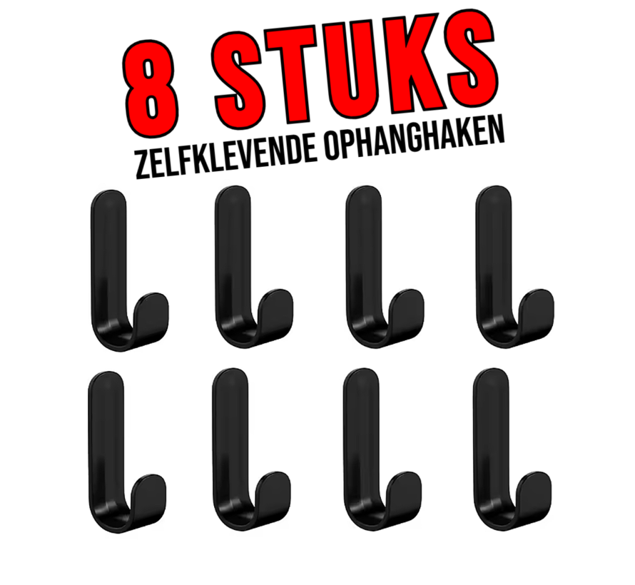 Ophanghaken Zelfklevend – 8 stuks Zwarte J-Haakjes voor Wand, Muur & Deur – Plakhaken zonder Boren