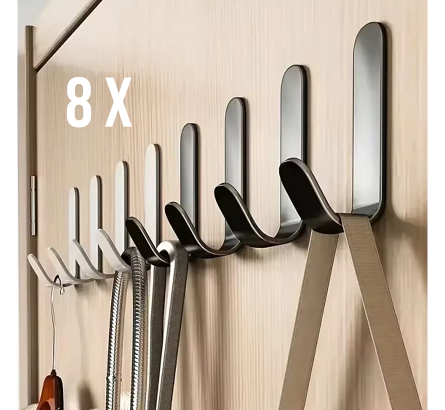 Ophanghaken Zelfklevend – 8 stuks Zwarte J-Haakjes voor Wand, Muur & Deur – Plakhaken zonder Boren