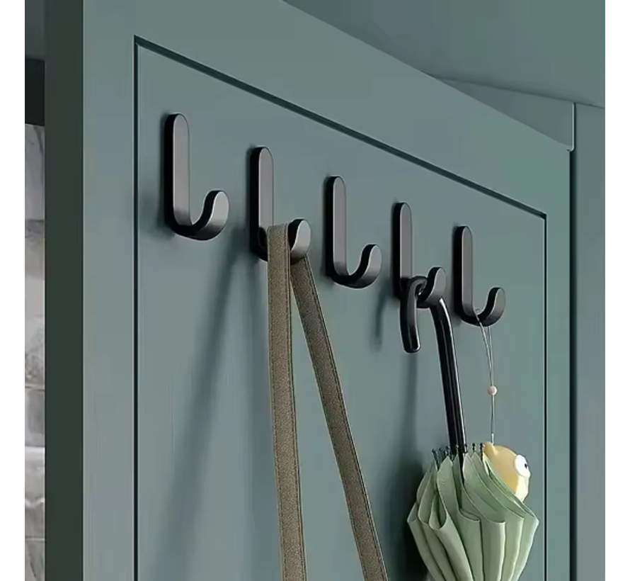 Ophanghaken Zelfklevend – 8 stuks Zwarte J-Haakjes voor Wand, Muur & Deur – Plakhaken zonder Boren