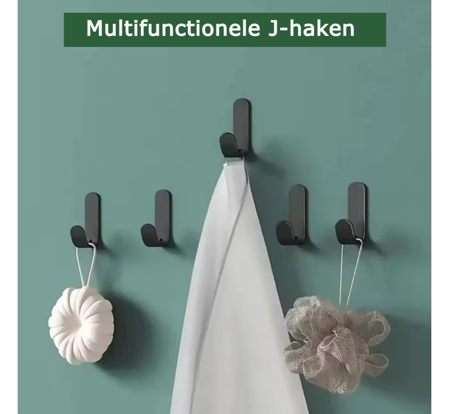 Ophanghaken Zelfklevend – 8 stuks Zwarte J-Haakjes voor Wand, Muur & Deur – Plakhaken zonder Boren