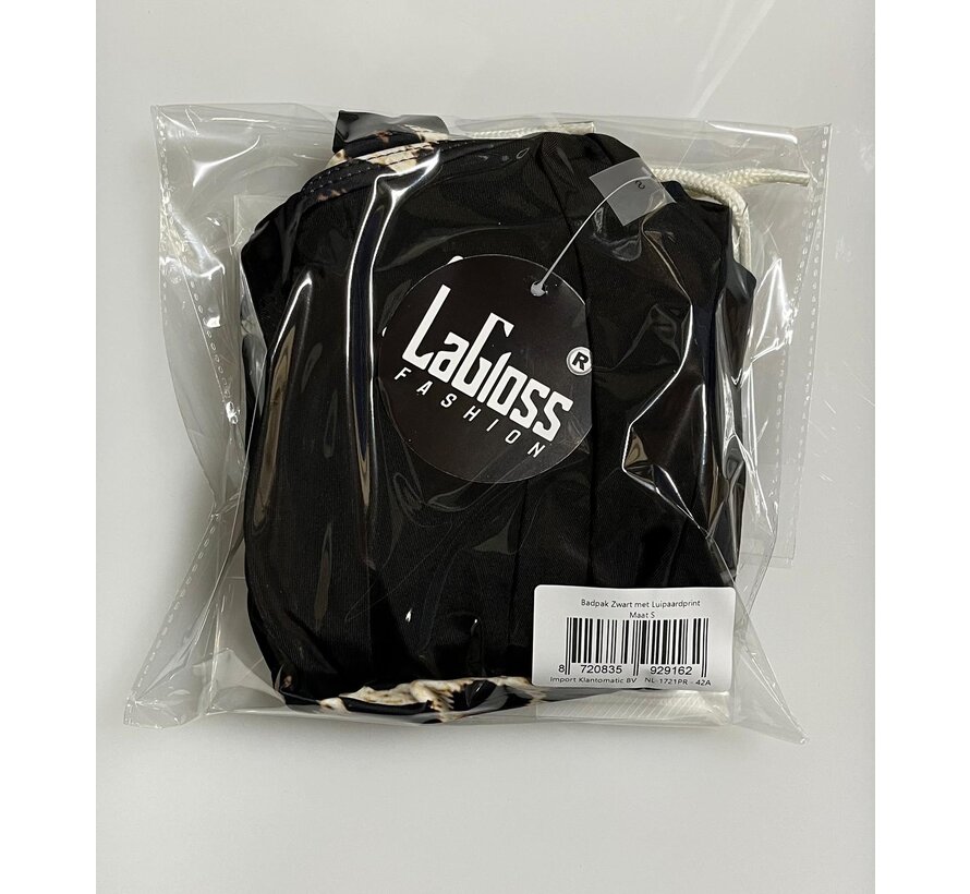LaGloss® Badpak Zwart met Luipaardprint – Sportief & Elegant Damesbadpak met V-Hals – Maat S