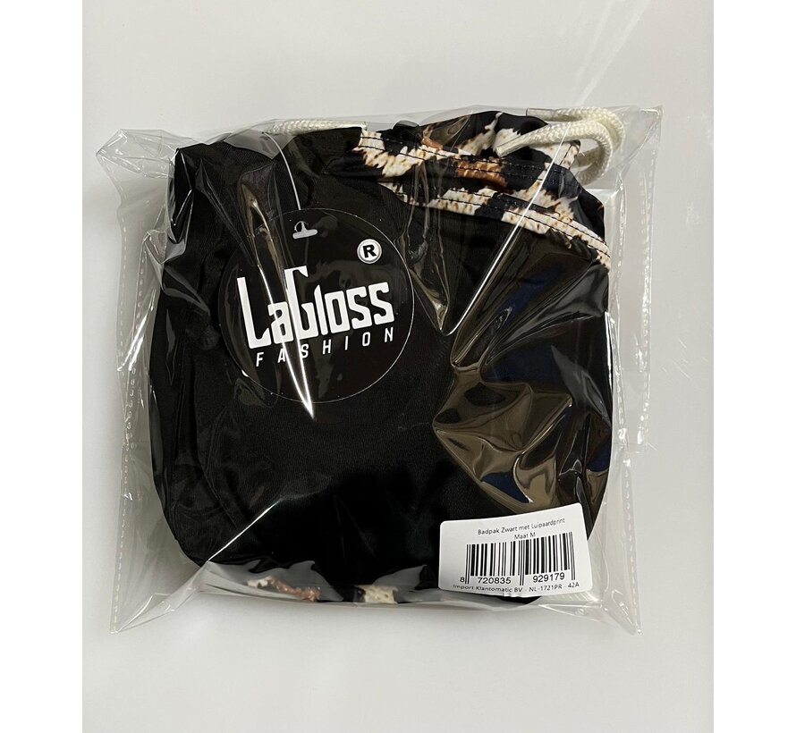 LaGloss® Badpak Zwart met Luipaardprint – Sportief & Elegant Damesbadpak met V-Hals – Maat M