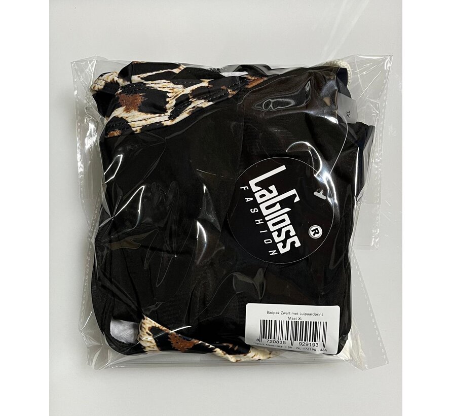 LaGloss® Badpak Zwart met Luipaardprint – Sportief & Elegant Damesbadpak met V-Hals – Maat XL