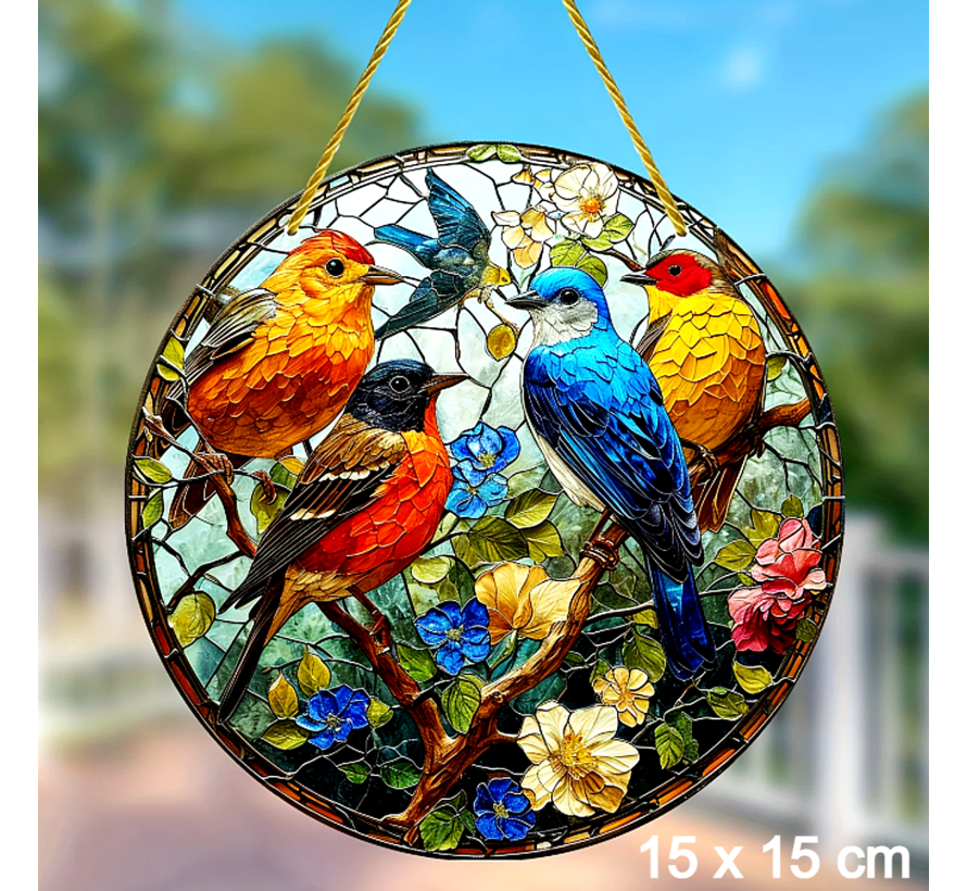 Raamhanger Kleurige Vogels Rond – Raamdecoratie – Zonnevanger Acryl – 15 x 15 cm – Vogel