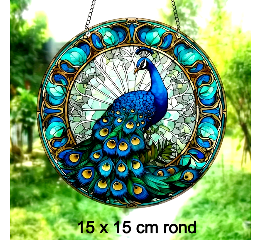Raamhanger Pauw 2 – Raamdecoratie – Zonnevanger Acryl –  Rond 15 x 15 cm – Pauw