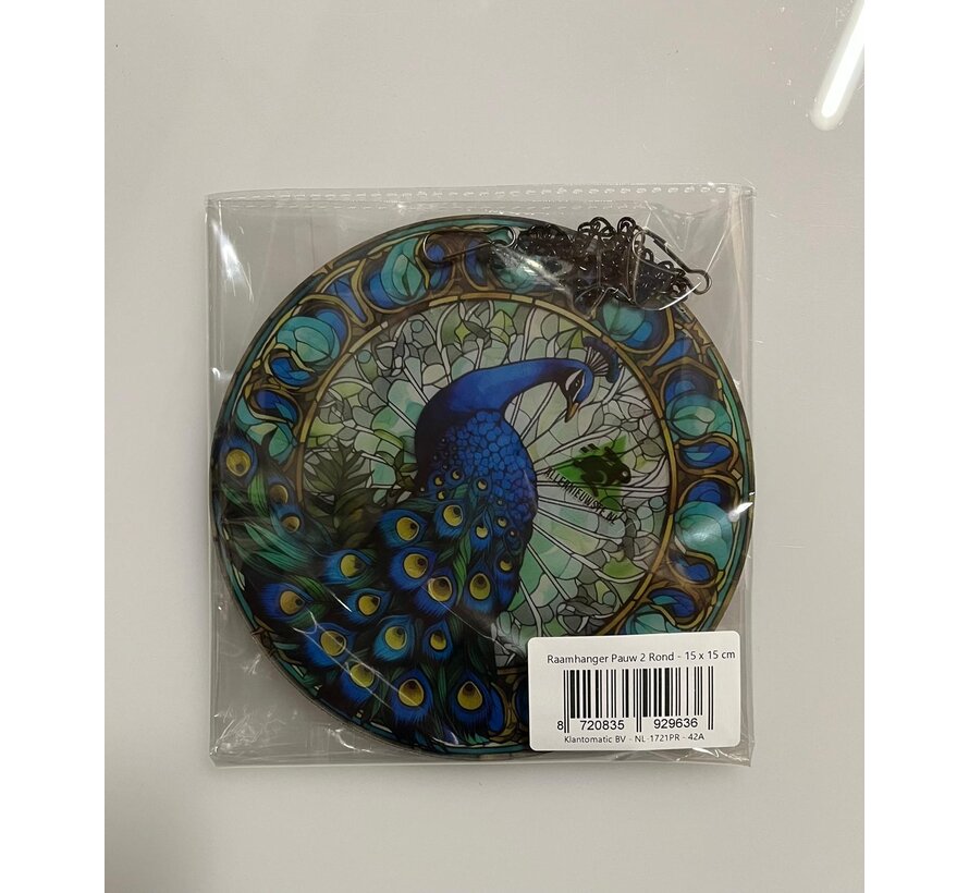 Raamhanger Pauw 2 – Raamdecoratie – Zonnevanger Acryl –  Rond 15 x 15 cm – Pauw