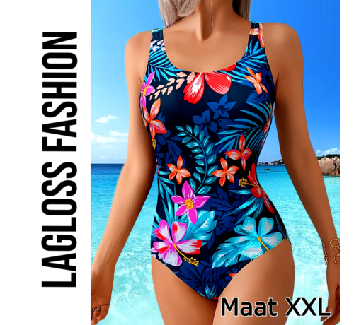 LaGloss LaGloss® Rugloos Badpak Tropisch Bloemenprint – Rugloos Damesbadpak met Verstelbare Taille – Maat XXL