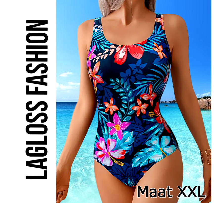 LaGloss® Rugloos Badpak Tropisch Bloemenprint – Rugloos Damesbadpak met Verstelbare Taille – Maat XXL