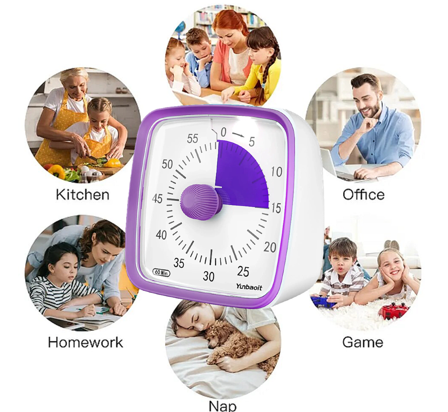 LaGloss® Visuele Afteltimer Countdown Timer Tijdklok 60 Minuten Leerklok Kind School Thuis Keuken Kantoor - Stille Timer Met Nachtlampje - Paars
