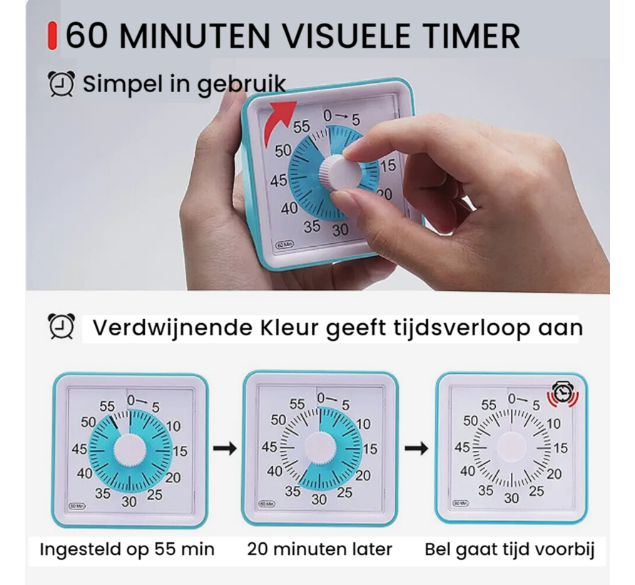 LaGloss® Visuele Afteltimer Countdown Timer Tijdklok 60 Minuten Leerklok Kind School Thuis Keuken Kantoor - Stille Timer Met Nachtlampje - Paars