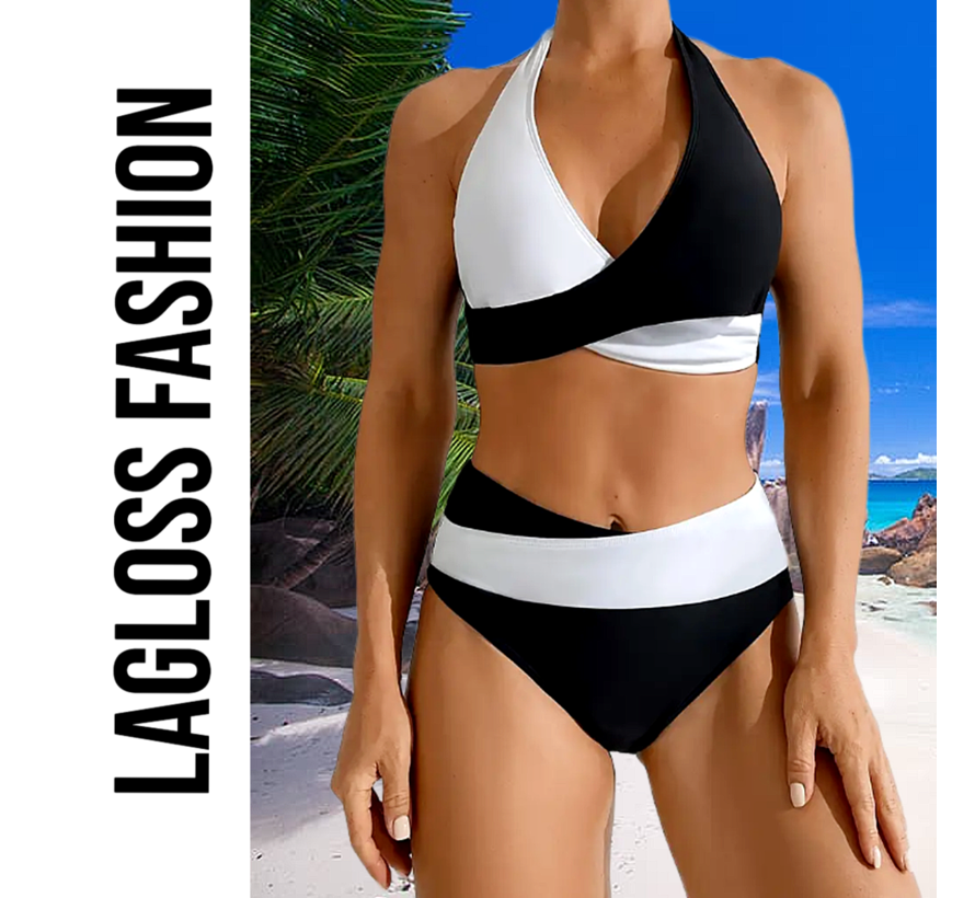 LaGloss® Stijlvolle Bikini Set Dames – Zwart Wit Design – Tweedelig & Hoog Gesneden – Maat XL