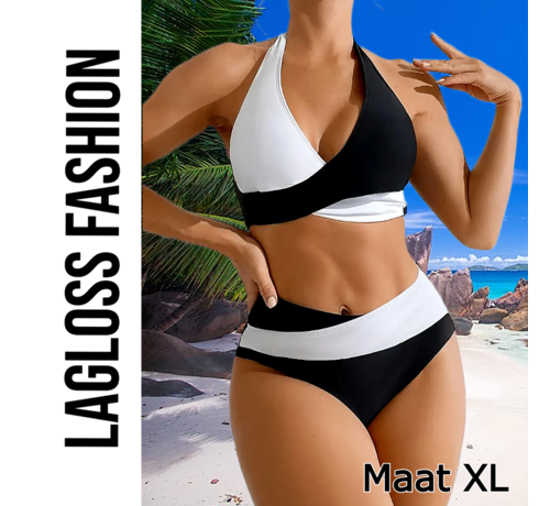 LaGloss LaGloss® Stijlvolle Bikini Set Dames – Zwart Wit Design – Tweedelig & Hoog Gesneden – Maat XL