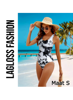 LaGloss Zwart Wit Tropische Print Dames Badpak – Maat S