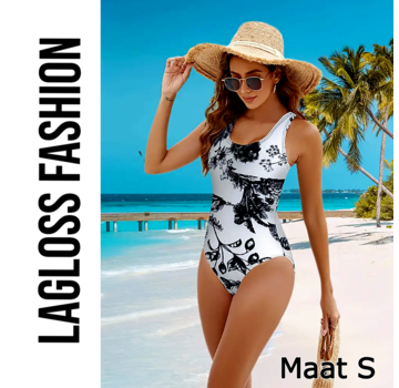 LaGloss Zwart Wit Tropische Print Dames Badpak – Maat S