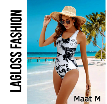LaGloss Zwart Wit Tropische Print Dames Badpak – Maat M