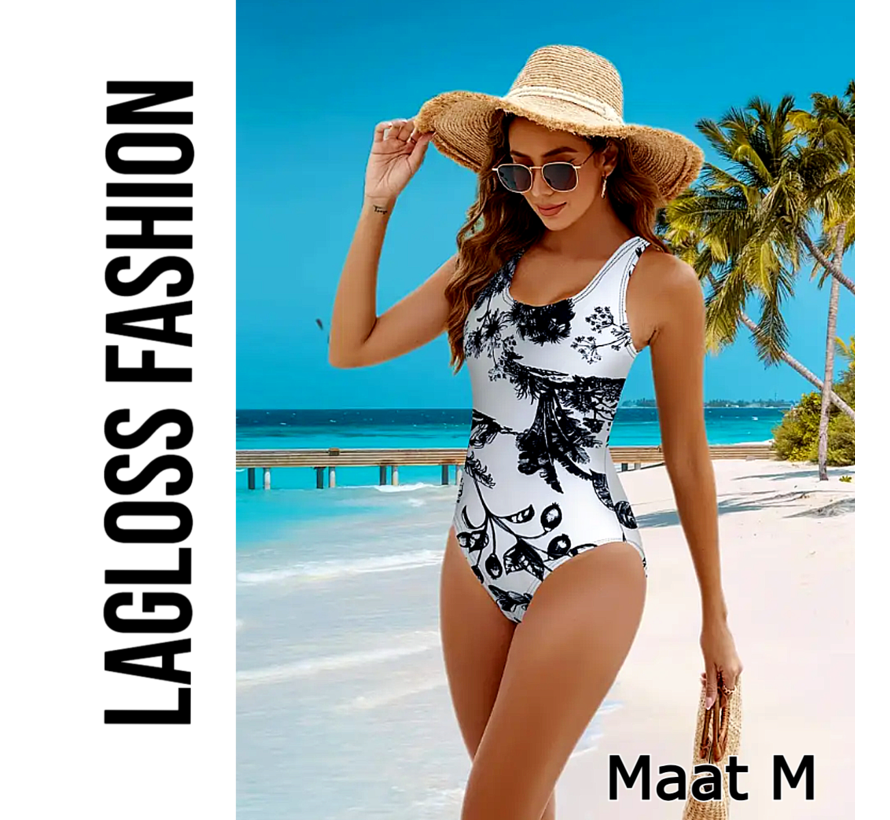 LaGloss® Badpak Dames – Zwart Wit Print – Eendelig Slankmakend Zwempak – Maat M