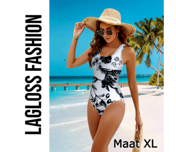 LaGloss Zwart Wit Tropische Print Dames Badpak – Maat XL