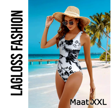 LaGloss Zwart Wit Tropische Print Dames Badpak – Maat XXL