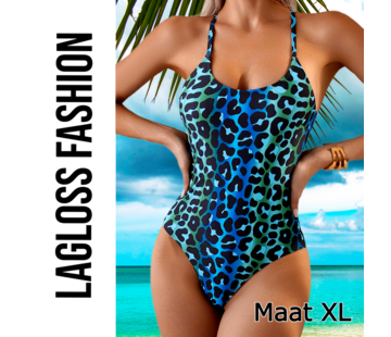 LaGloss Badpak Panterprint met Blauwe Overloop – Maat XL