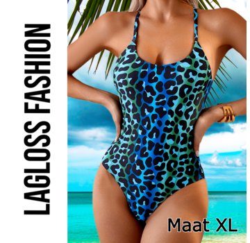 LaGloss Badpak Panterprint met Blauwe Overloop – Maat XL