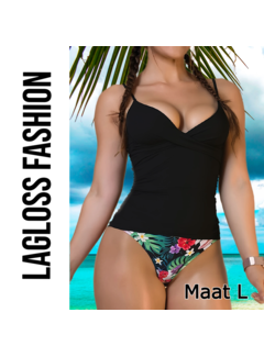 LaGloss 2-delige Tankini Set Zwart & Bloemenprint – Maat L