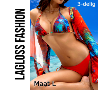 LaGloss 3-delige Rode Tye-dye print Bikini Set – Maat L