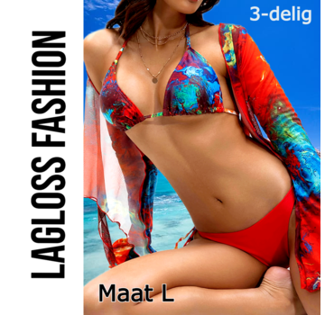 LaGloss 3-delige Rode Tye-dye print Bikini Set – Maat L