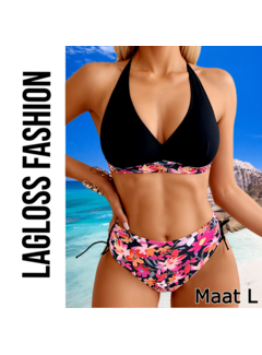 LaGloss 2-delige Bikini Set – Zwarte Top & Roze Bloemenprint Broekje – Maat L
